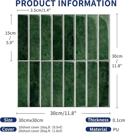 MORCART 20PCS 11.8"x11.8" Peel and Stick Backsplash, Deep Green | 3D Adhesive Waterproof Wall Tiles for Kitchen, Bathroom, Living Room, Laundry Room, Subway Tiles