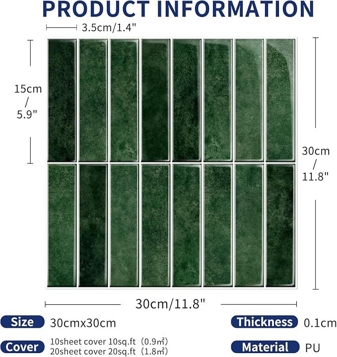 MORCART 10PCS 11.8"x11.8" Peel and Stick Backsplash, Deep Green | 3D Adhesive Waterproof Wall Tiles for Kitchen, Bathroom, Living Room, Laundry Room, Subway Tiles