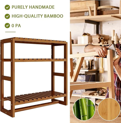 Galood Over The Toilet Storage Bathroom Shelves Wall Mounted 3 Tier Brown-L | Space Saver Corner Shelf Organizer Bamboo Towel Rack Toilet Paper Cabinet with Hanging Rod