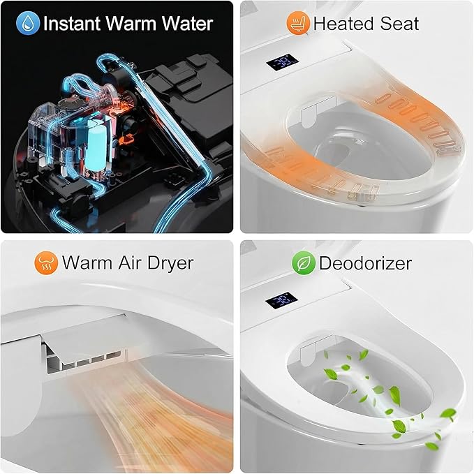 Bidet Toilet Seat Elongated,Instant Heating, Feminine Wash And Front And Rear Wash, Adjustable Temperature, Wireless Remote Control, Self-Cleaning Nozzle, LED Light, Slow-Down Function,Easy To Install