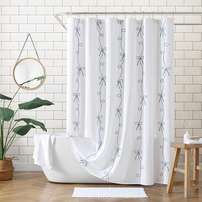 Peri Home 100% Cotton Fabric Shower Curtain for Bathroom, 72 x 72 inches, Blue Sasha Bows