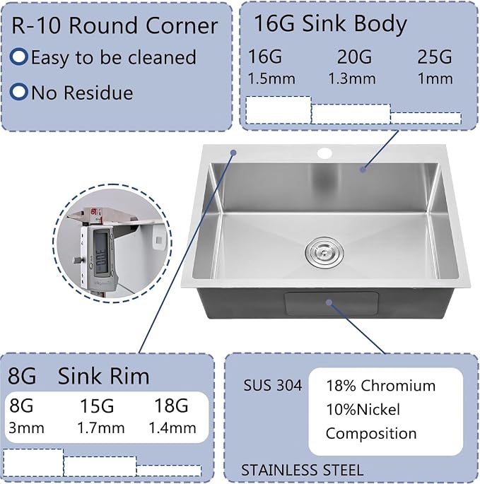 28x18 Inch Drop In Kitchen Sink, Topmount Stainless Steel Brushed Nickel Single Bowl Kitchen Sink, Extra-thick 16 Gauge Kitchen Sinks For RV Laundry Utility with Basket Strainer