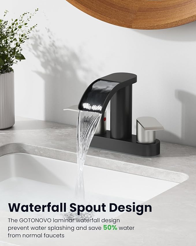 gotonovo 4 Inch Centerset Waterfall Bathroom Sink Faucet Deck Mount 2 Handle Basin Faucets 2 or 3 Hole with Pop Up Drain Included Lavatory Modern Mixer Tap Vanity Faucet Matte Black and Brushed Nickel