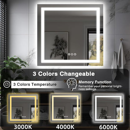 EchosLife 36"x36" Square LED Bathroom Mirror | Backlit + Front Lit, Anti-Fog, Stepless Dimmable, 3 Colors, Memory, Tempered Glass, UL Listed, Horizontal/Vertical
