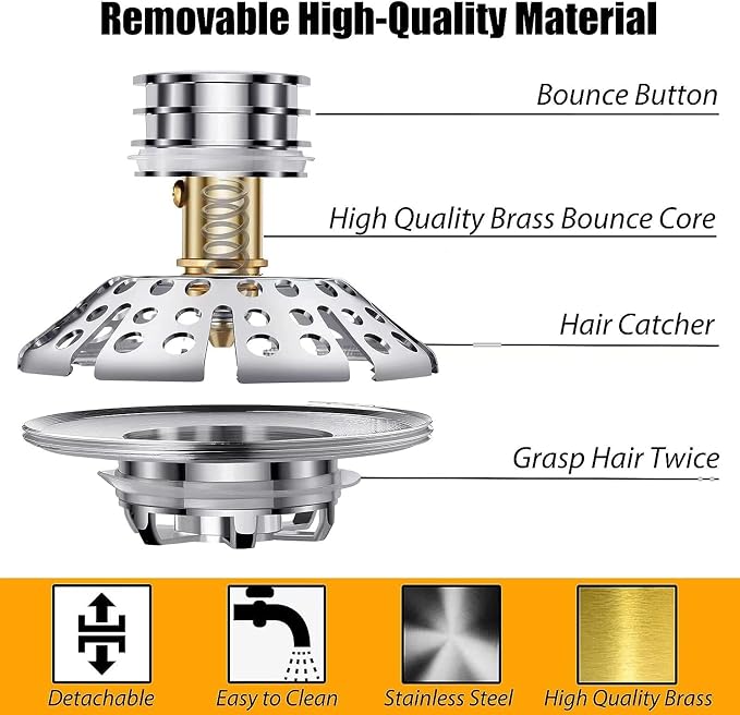 Anlige Bathtub Drain Stopper, Pop Up Tub Stopper with Hair Catcher, Bathtub Plug and Cover with Strainer, Universal for 1.5 to 1.8in Tub Drain