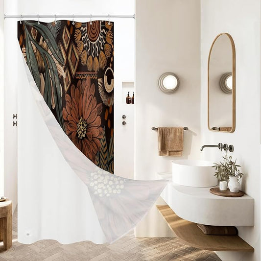 3 in 1 Dark Floral Shower Curtain Set with PEVA Liner & 12 Hooks, 36 x 72 | Boho Tropical Botanical Style, Farmhouse Floral Fabric, Modern Hotel Inspired, Water‑Repellent, Machine Washable