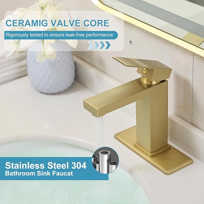 Brushed Gold Single Handle Bathroom Sink Faucet PONAFOU Stainless Steel Vanity Faucet with Pop-Up Drain and Deck