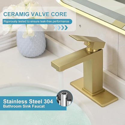 Brushed Gold Single Handle Bathroom Sink Faucet PONAFOU Stainless Steel Vanity Faucet with Pop-Up Drain and Deck