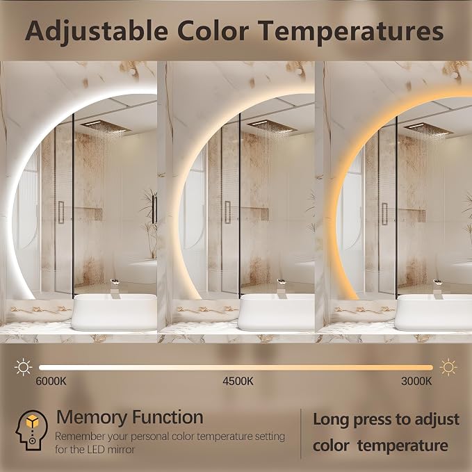 32" Half Moon LED Bathroom Mirror, Backlit Wall Mirror with Lights | Frameless Vanity Mirror with 3 Color Dimmable, Anti Fog, HD Shatter-Proof, IP65 Waterproof, Memory, CRI95+, Right/Left Cut