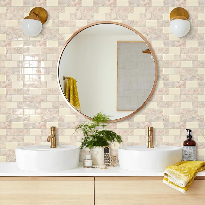 STICKGOO Subway Tile Peel and Stick Backsplash, Thicker Design 12" x 12" Stick on Backsplash Tiles for Kitchen, Bathroom, Wall Tile (10 Sheets, Brown Marble Look)