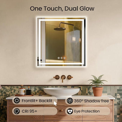 30x30 LED Bathroom Mirror with Anti-Fog, Backlit & Front Lit, Memory | Stepless Dimmable 3 Color CRI 95+ Shatterproof Tempered Glass ETL Listed for Safety Lighted Bathroom Vanity Mirror for Wall