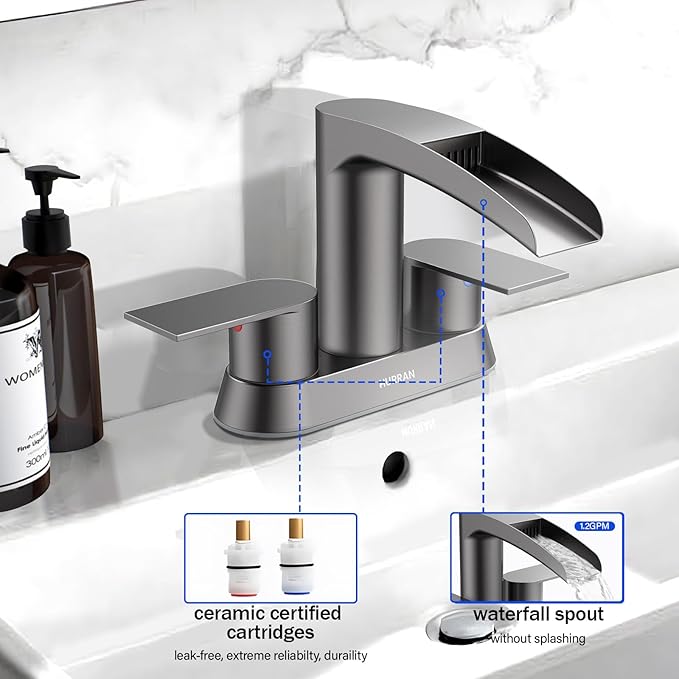 Bathroom Sink Faucet for 3 Hole, Hurran 4 Inch Bathroom Faucets with Pop-up Drain, Stainless Steel 2-Handle Waterfall Faucet for Bathroom Sink, Brushed Grey
