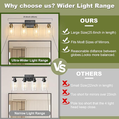 Unicozin Modern Bathroom Light Fixtures, 4 Light Vanity Lights Over Mirror, Black and Gold Wall Lamp with Clear Glass for Living Room Cabinet Bedroom Porch