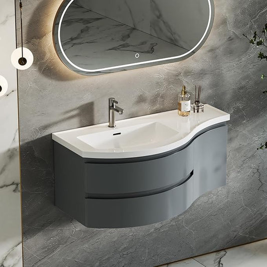 Floating Bathroom Vanity with Sink, 35.4" Modern Curved Bathroom Vanity, Wall Mounted Half-Circle Bathroom Cabinet, White&Gray Blue, Left-Hand Sink