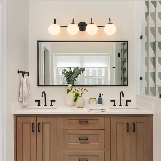 Globe Vanity Light, 31" Modern Gold Bathroom Light Fixtures Mid-Century Milk Glass Vanity Light 4-Light Wall Sconce Black | Mid-Century Milk Glass Vanity Light, Wall Sconce for Bathroom Hallway, Ceramic E12 Base, Dimmable, Up/Down Mounting Design
