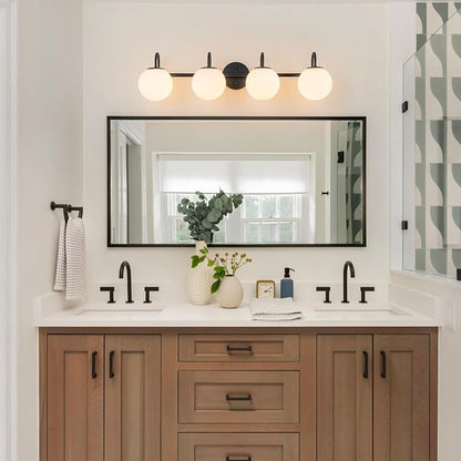 Globe Vanity Light, 31" Modern Gold Bathroom Light Fixtures Mid-Century Milk Glass Vanity Light 4-Light Wall Sconce Black | Mid-Century Milk Glass Vanity Light, Wall Sconce for Bathroom Hallway, Ceramic E12 Base, Dimmable, Up/Down Mounting Design