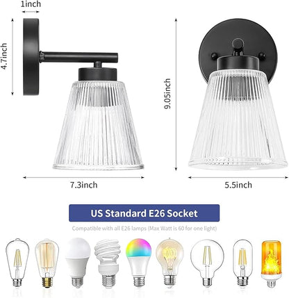 OCIOC Set of 2 Wall Sconces for Bathroom, Black Modern Vanity Light Fixtures with Striped Glass Shade, Mount Lighting Lanterns for Mirror, Living Room, Bedroom, Hallway, Farmhouse