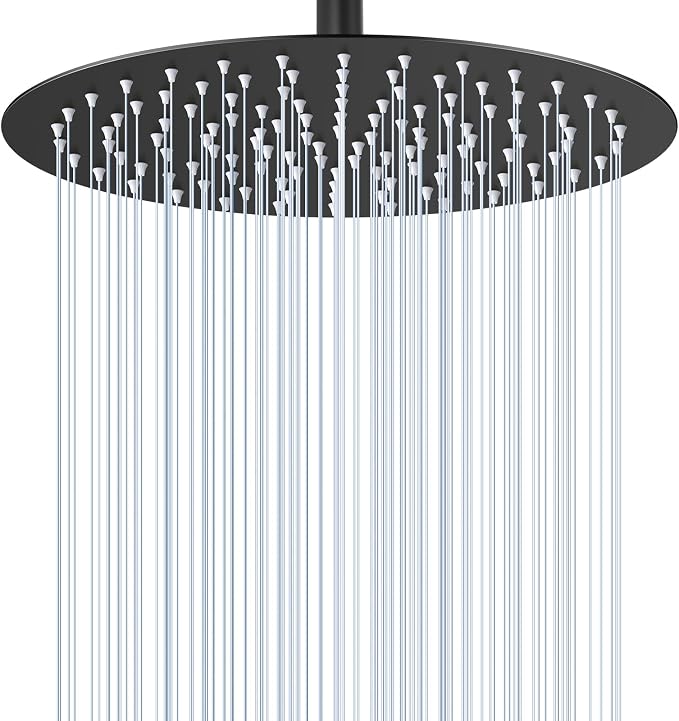 12 inch Matte Black Rainfall Shower Head - All Metal Stainless Steel Full Body Round Rain Shower with 120 Silicone Nozzles