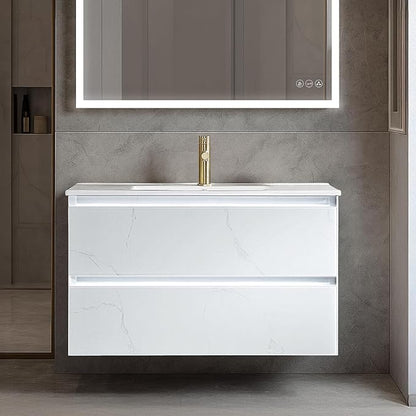 Blossom LED Lighted 36 Inch Bathroom Vanity with Ceramic Sink | Wall Mounted Floating Bathroom Vanity with Dimmable LED Lights | Modern Design Bathroom Vanities | Calacatta White