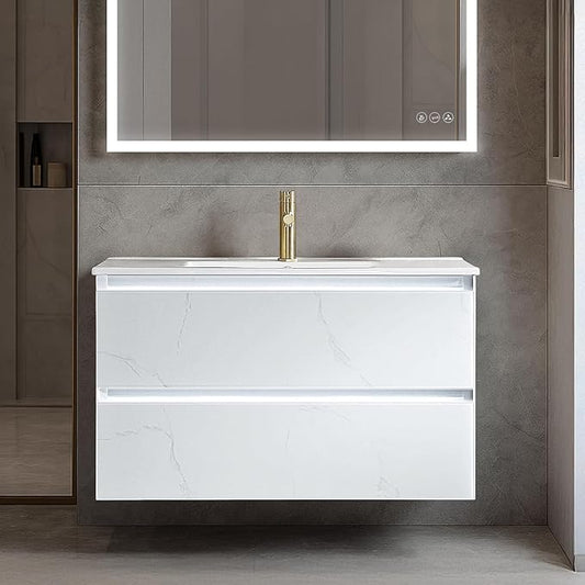 Blossom LED Lighted 36 Inch Bathroom Vanity with Ceramic Sink | Wall Mounted Floating Bathroom Vanity with Dimmable LED Lights | Modern Design Bathroom Vanities | Calacatta White