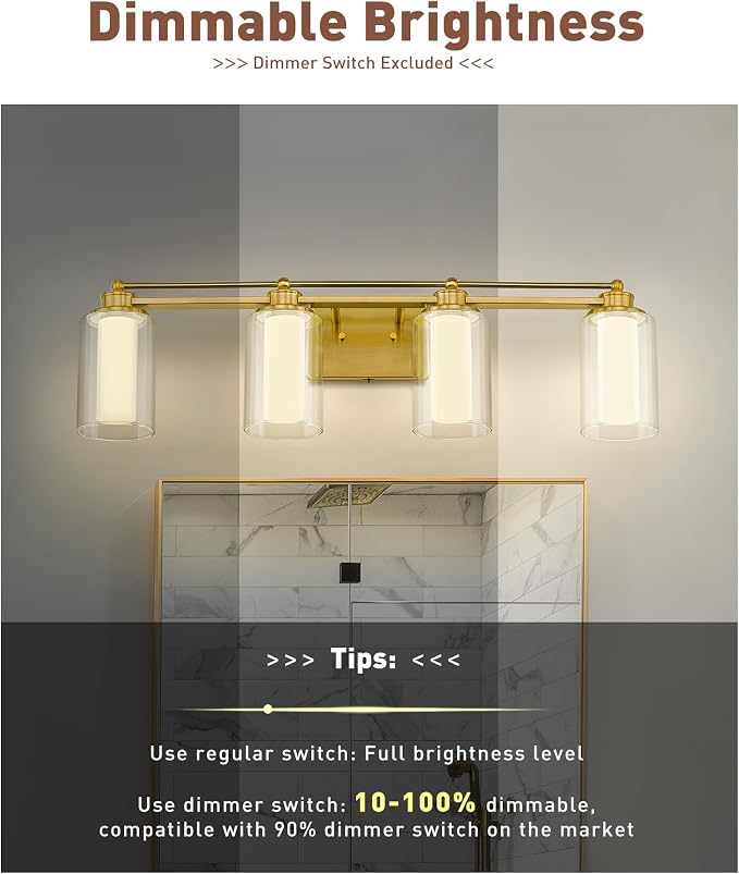 HWH 4-Light Bathroom Vanity Light, Brushed Gold, 5CCT, 5HLT63B-4W-LED BG | Clear Glass, Dimmable, 24W, Vanity Lights for Bathroom, Brass Wall Light Fixtures, Vanity Lights for Mirror, For Bedroom