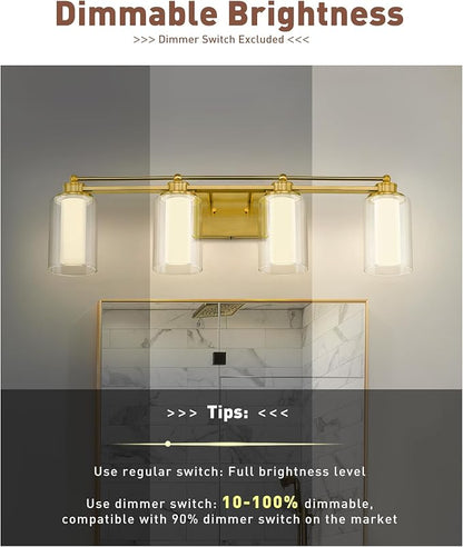 HWH 4-Light Bathroom Vanity Light, Brushed Gold, 5CCT, 5HLT63B-4W-LED BG | Clear Glass, Dimmable, 24W, Vanity Lights for Bathroom, Brass Wall Light Fixtures, Vanity Lights for Mirror, For Bedroom