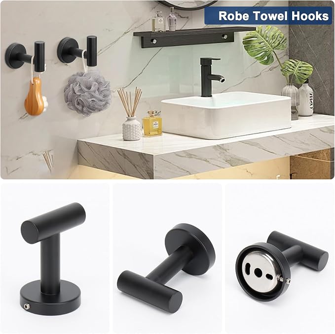 NearMoon 10 Pieces Bathroom Hardware Set SUS304 Thicken Stainless Steel-Towel Rack Kit Include 24" Towel Rod + Bath Towel Ring + Toilet Paper Holder + Robe Towel Hooks Bath Accessories (Matte Black)