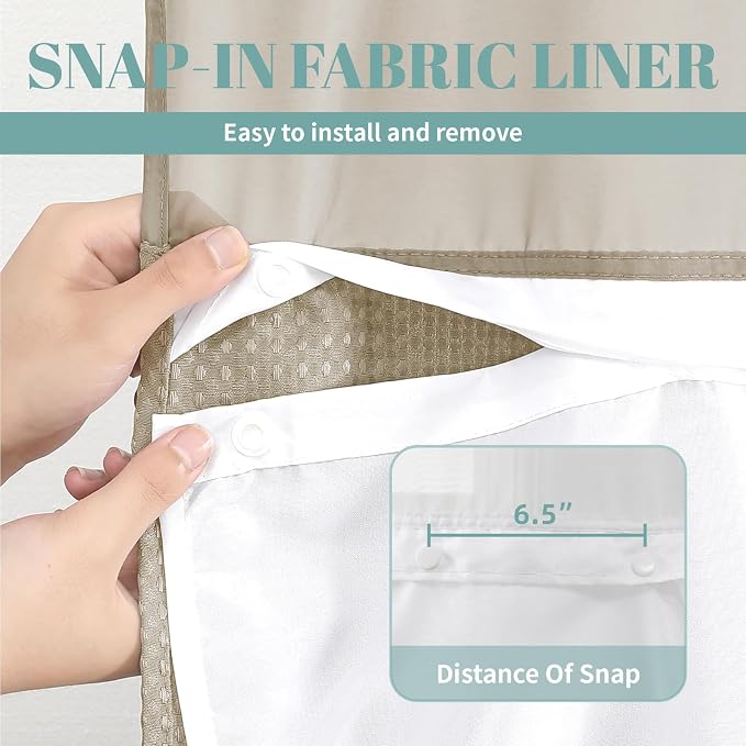 eachope No Hook Waffle Shower Curtain with Snap-in Liner, 71x74 Inch, Khaki | 230 GSM waffle weave fabric, waterproof liner set with 2 bottom magnets, mesh top window, washable, for bathroom or hotel use