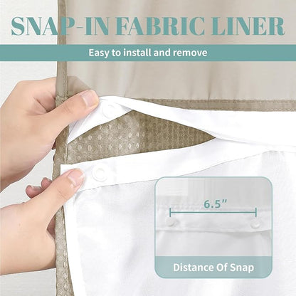 eachope No Hook Long Waffle Shower Curtain, Snap-in Liner, 71x86 in, Khaki | 230 GSM waffle weave fabric, waterproof liner set with 2 bottom magnets, mesh top window, washable, for bathroom or hotel use