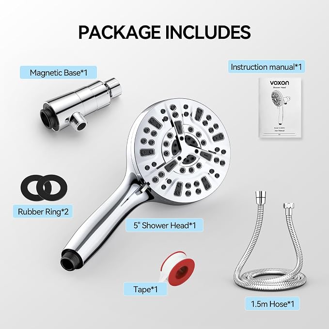 VOXON Magnetic High Pressure Shower Head, 10-Mode Handheld Shower Head, Built-in 2 Power Wash, Adjustable Shower Head with Handheld with Magnetic Docking & 60'' Hose, 2.5 GPM Showerhead with 5'' Face