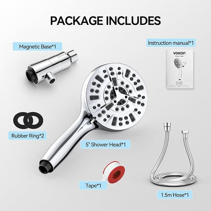 VOXON Magnetic High Pressure Shower Head, 10-Mode Handheld Shower Head, Built-in 2 Power Wash, Adjustable Shower Head with Handheld with Magnetic Docking & 60'' Hose, 2.5 GPM Showerhead with 5'' Face