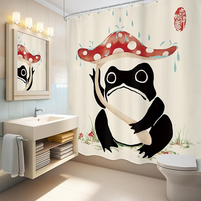 LGhtyro Funny Frog Shower Curtain Bathroom Set 71Wx71H Inches Mushroom Lovely Asian Traditional Black Beige Red Green Grassland Japanese Bath Accessories Cute Art Home Decor Fabric 12 Pack Hooks