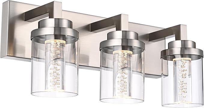 MELUCEE 3 Light Modern LED Bathroom Vanity Light Bar Brushed Nickel | Bubble Crystal Vanity Lights Over Mirror Bath Wall Light Fixture with Clear Glass Shade,5CCT Adjustable