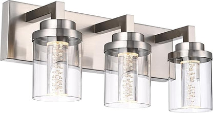 MELUCEE 3 Light Modern LED Bathroom Vanity Light Bar Brushed Nickel | Bubble Crystal Vanity Lights Over Mirror Bath Wall Light Fixture with Clear Glass Shade,5CCT Adjustable