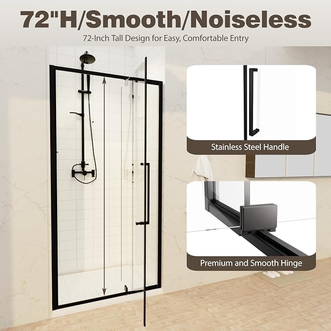 32-36" W x 72" H Semi-Frameless Pivot Swing Shower Doors | 1/4" (6mm) Clear SGCC Tempered Glass with a 20.3" walk-in opening, Matte Black Finish, Reversible, Magnetic Closing