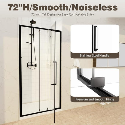 32-36" W x 72" H Semi-Frameless Pivot Swing Shower Doors | 1/4" (6mm) Clear SGCC Tempered Glass with a 20.3" walk-in opening, Matte Black Finish, Reversible, Magnetic Closing