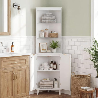Giantex 68" Tall Corner Cabinet with Fluted Doors (White) | Modern Bathroom Floor Storage Cabinet, 6-Tier Space Saver Display Shelves for Kitchen, Living Room, Hallway, Laundry