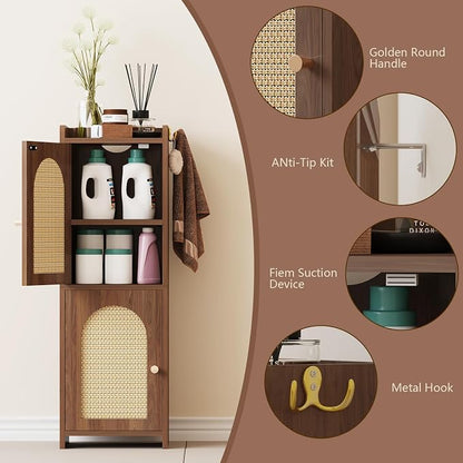 Arbuxzuy Rattan Bathroom Storage Cabinet with 2 Doors and Adjustable Shelf | Brown Corner Floor Cabinet, Narrow Toilet Paper Cabinets with 2Hooks,Toilet Organizer for Small Spaces, 7.87"D*9.84"W*29.72"H