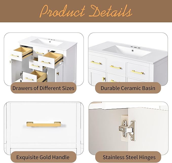 36 Inch White Bathroon Vanity with Sink,Modern Bathroom Sink Cabinet 36" with 4 Drawers & 2 Cabinets,Integrated Countertop,Gold Handles,Soft Closing,Solid Wood Frame