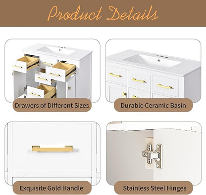 36 Inch White Bathroon Vanity with Sink,Modern Bathroom Sink Cabinet 36" with 4 Drawers & 2 Cabinets,Integrated Countertop,Gold Handles,Soft Closing,Solid Wood Frame