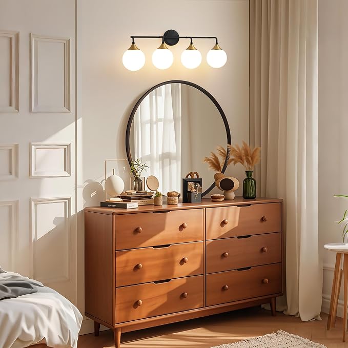 Black Gold Bathroom Light Fixtures Over Mirror Vanity 4-Light | Mid Century Modern Matte Black Gold Wall Sconce with Milky White Glass Ball Shades for for Bathroom Dressing Table Bedroom