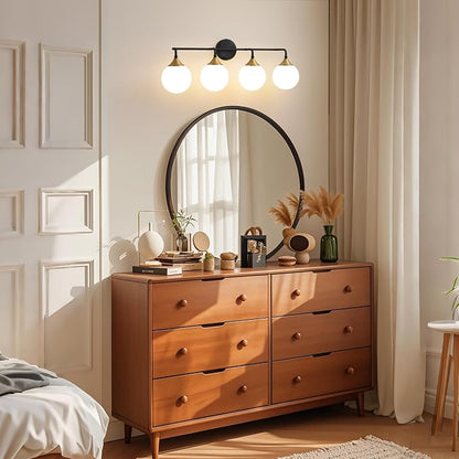 Black Gold Bathroom Light Fixtures Over Mirror Vanity 4-Light | Mid Century Modern Matte Black Gold Wall Sconce with Milky White Glass Ball Shades for for Bathroom Dressing Table Bedroom