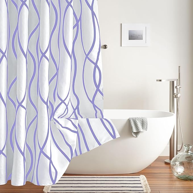 Fabric Modern Shower Curtain-Lavender & White Shower Curtains for Bathroom | 72"W x 72"L Textured Faux Linen Luxury Hotel Quality Washable-Abstract Wavy Cloth Bath Curtain-Apartment Minimalist Decor