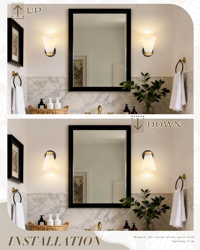 Set of 2 Wall Sconces for Bathroom, HWH 1-Light Bathroom Vanity Light with Frosted Milk White Striped Glass, Indoor Wall Mount Lighting Fixtures, Black and Gold Finish, 5HZG97B-2PK BK+BG