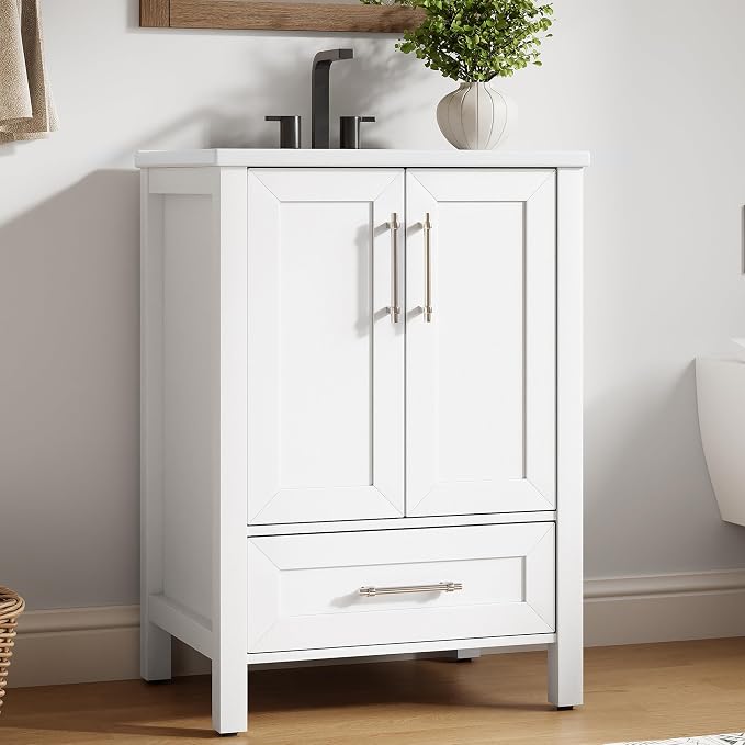 Garvee 24" Bathroom Vanity with Sink, Freestanding Bathroom Cabinet | White Bathroom Vanity Cabinet With Waterproof And Adjustable Foot & Soft-Door & Drawer & Metal Handle Easy Assembly
