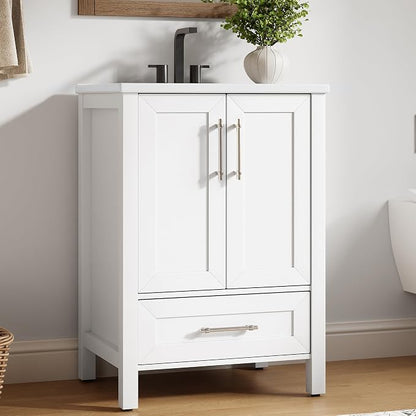 Garvee 24" Bathroom Vanity with Sink, Freestanding Bathroom Cabinet | White Bathroom Vanity Cabinet With Waterproof And Adjustable Foot & Soft-Door & Drawer & Metal Handle Easy Assembly