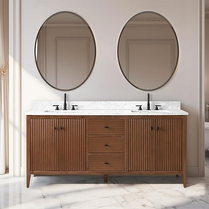 Vanity Art 72 inch Walnut Bathroom Vanity with Double Sink & Ceramic Top, Vanity Cabinet with Soft-Closing Door, Solid Wood Frame, Linear Pattern, Walnut, VA9172-DWalnut-MB,Matte Black Handles