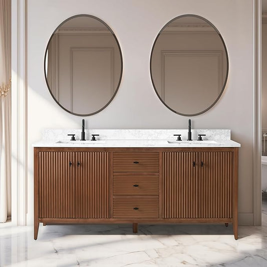 Vanity Art 72 inch Walnut Bathroom Vanity with Double Sink & Ceramic Top, Vanity Cabinet with Soft-Closing Door, Solid Wood Frame, Linear Pattern, Walnut, VA9172-DWalnut-MB,Matte Black Handles