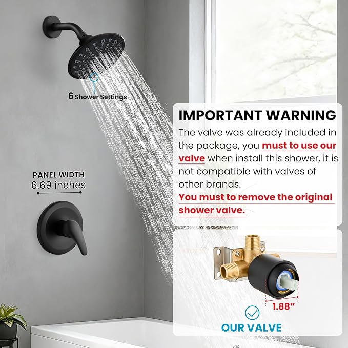 gotonovo Shower Faucet Set with Valve 6 Mode Rain Head Matte Black | Bathroom Shower Head and Handle Set Complete Combo,6 Mode Multi 6’’ ABS Rainfall Showerhead,Brass Valve Trim Kit,Wall Mount