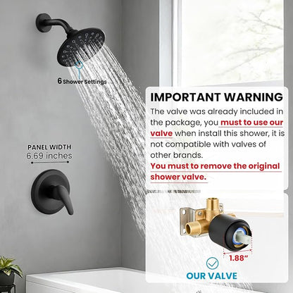 gotonovo Shower Faucet Set with Valve 6 Mode Rain Head Matte Black | Bathroom Shower Head and Handle Set Complete Combo,6 Mode Multi 6’’ ABS Rainfall Showerhead,Brass Valve Trim Kit,Wall Mount